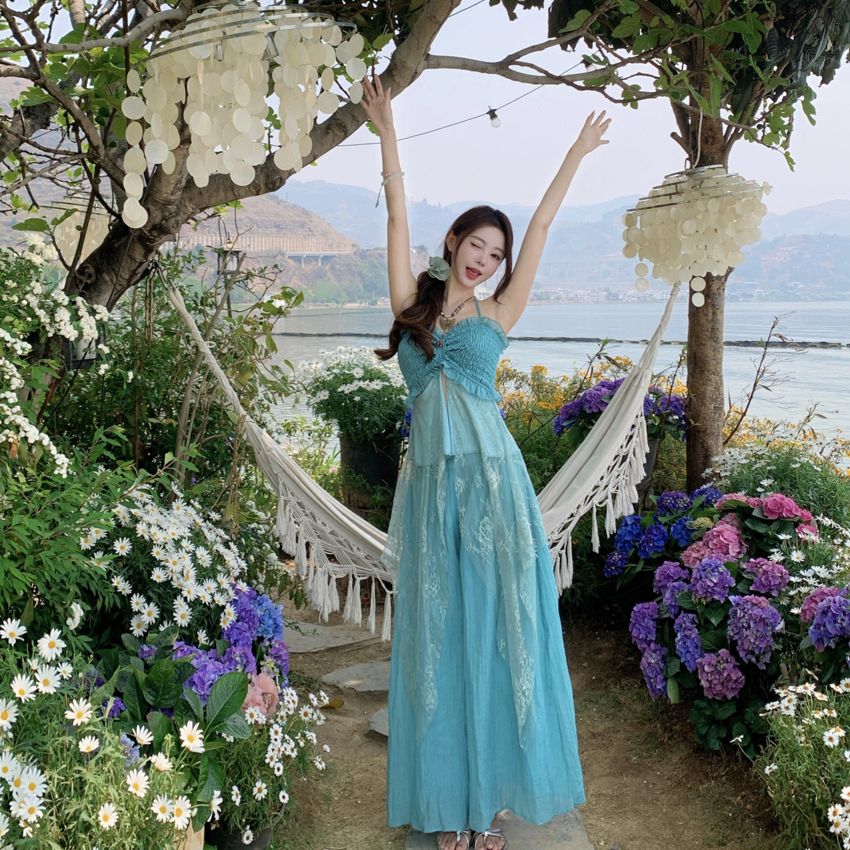 夏日绝美套装穿搭度假风不规则蕾丝拼接抹胸吊带上衣女直筒阔腿裤