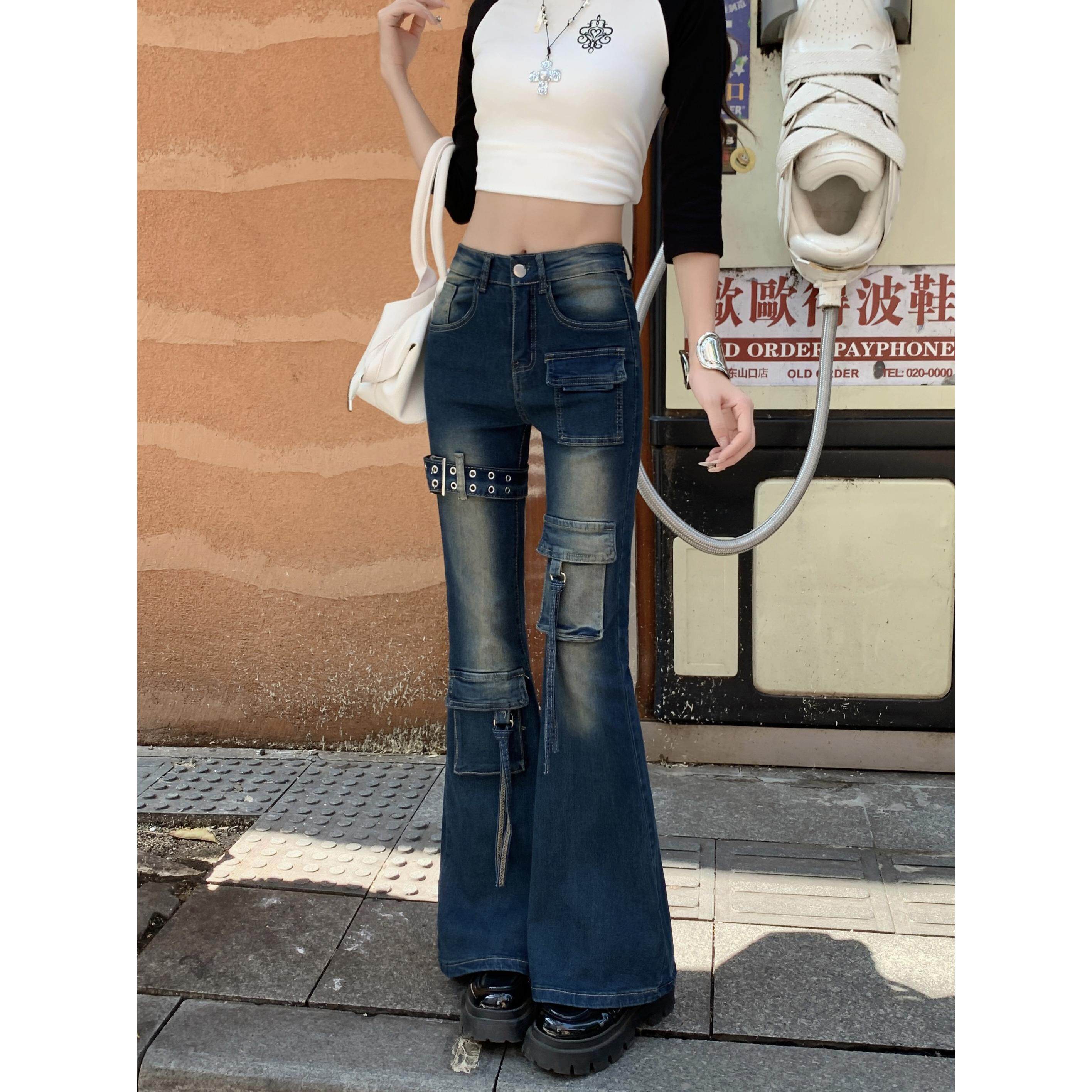 实拍实价 复古工装牛仔裤酷飒风春秋微喇叭弹力辣妹修身显瘦裤潮