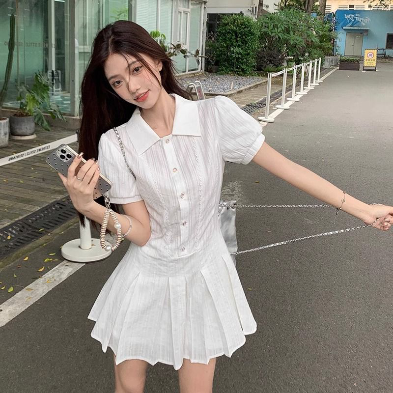 学院风白色衬衫连衣裙子女装2026新款夏季小个子百褶短裙套装穿搭