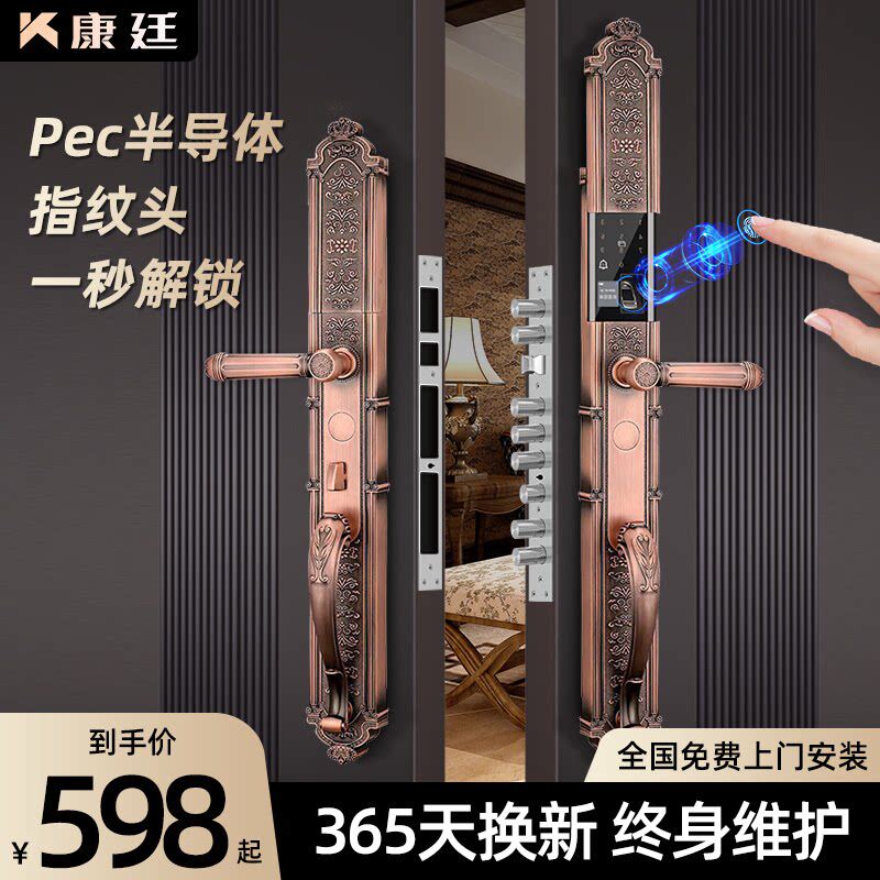 欧式双开门铜门别墅全把手智能锁