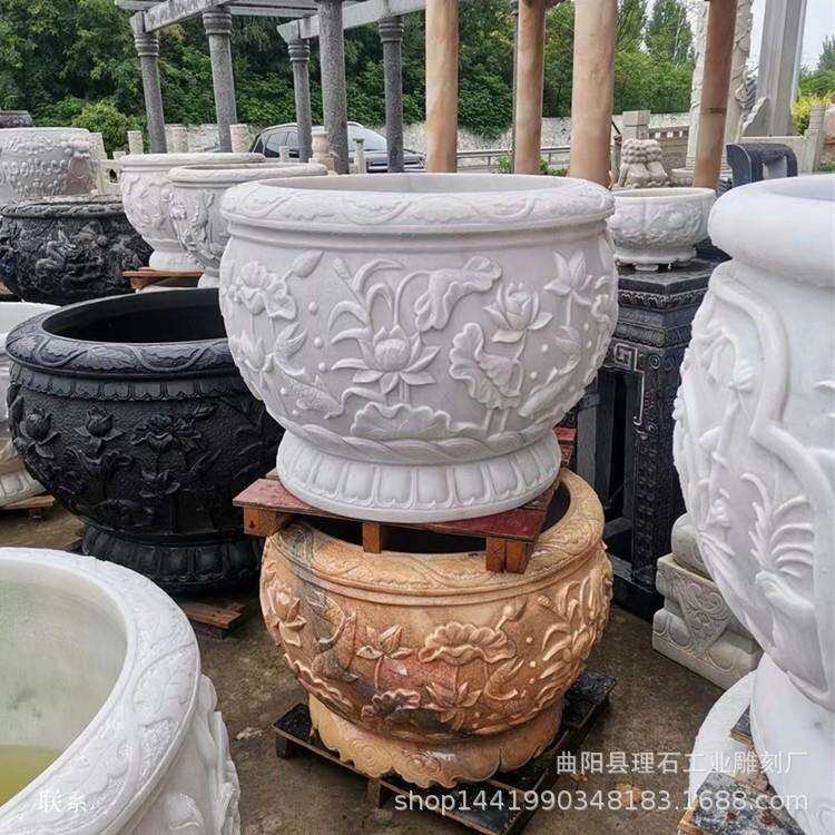 石雕鱼缸花盆汉白玉圆形石头水缸养鱼种花中式庭院造景大石缸门海