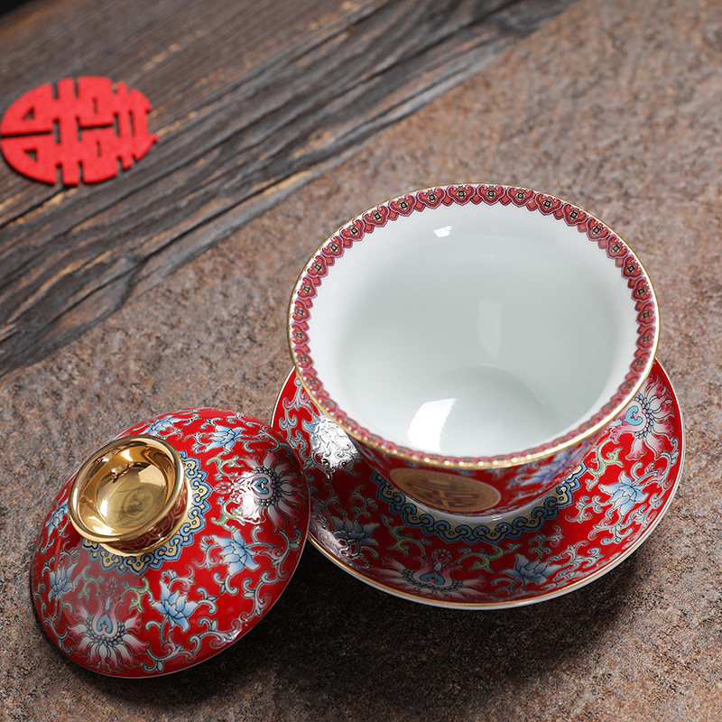 结婚口茶杯创意珐琅婚陶瓷盖碗彩庆婚礼改敬杯一对陪嫁茶具套装