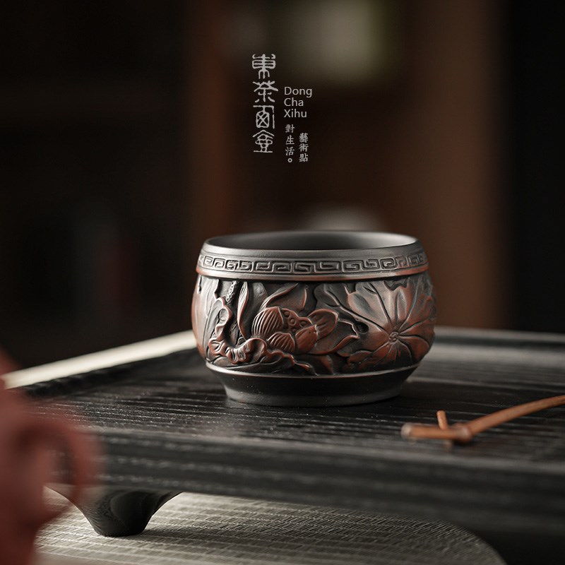 紫陶茶杯大号半手工浮雕荷花主人杯云南非紫砂杯子功夫茶道品茗杯