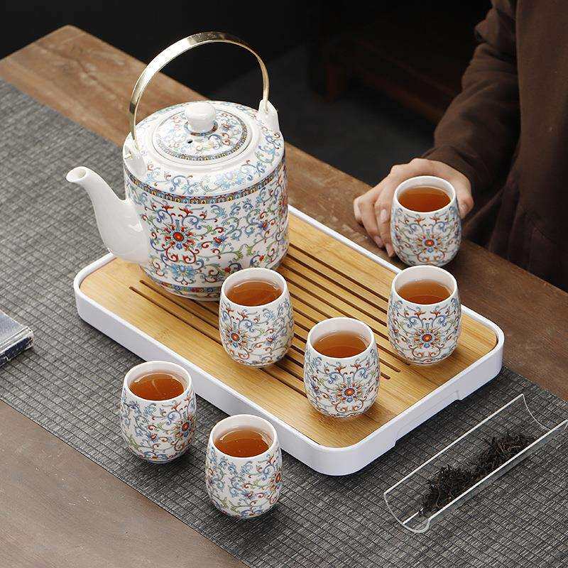 提梁壶茶具套装陶瓷带过滤网大号桥壶茶杯整套1壶6杯饭店餐馆家用