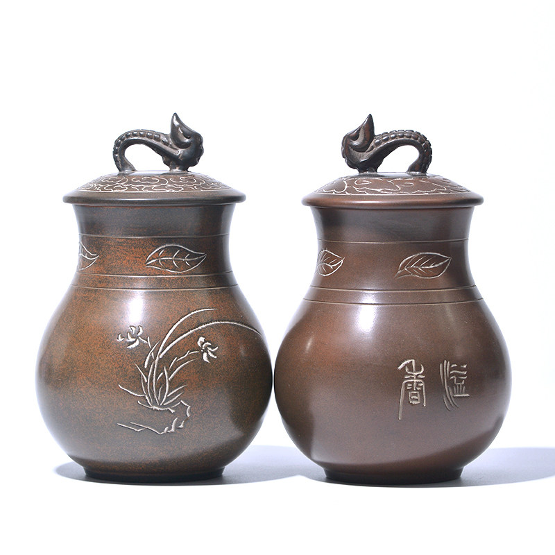 原矿钦州坭兴陶茶具纯手工茶叶罐陶瓷醒茶罐窑变小茶叶罐中式刻字