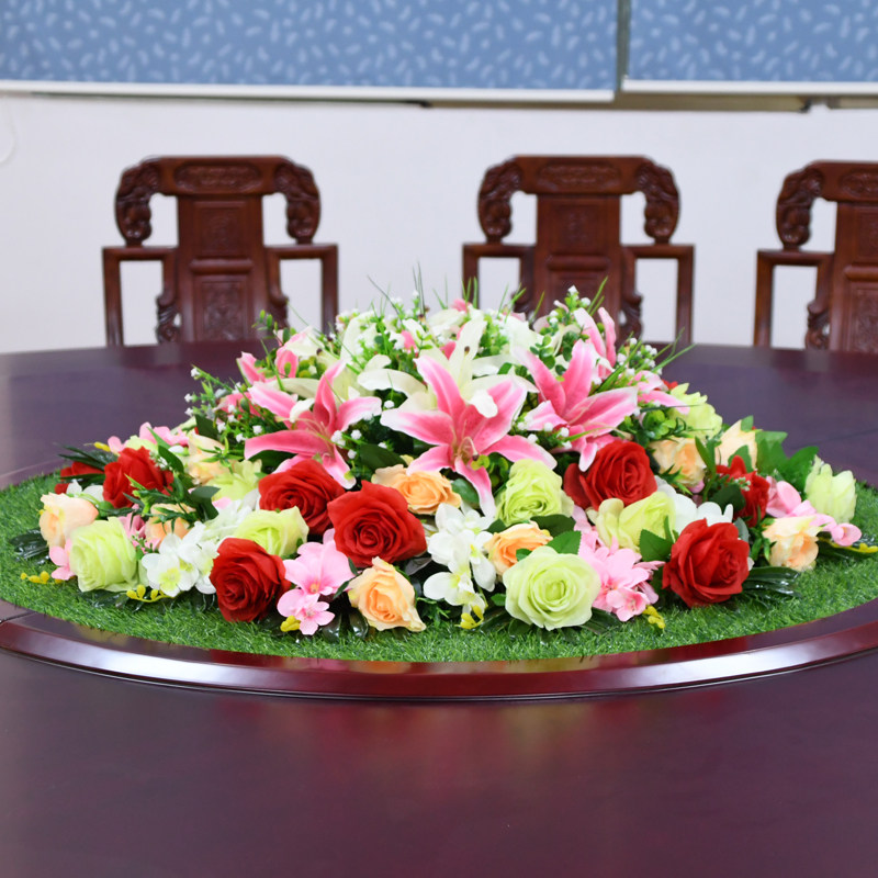 酒店圆形餐桌花大圆中桌间装坪花人造草饰转盘摆花绢花仿真花套装