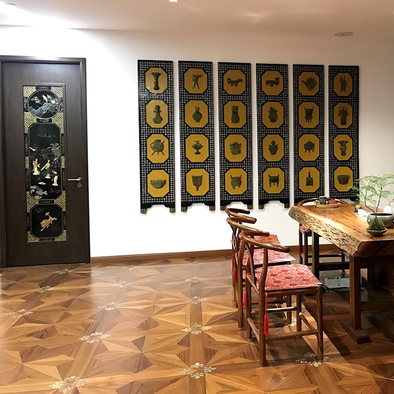 多层实木复合地板拼花彩贝柚木环卧自然美观保厅客室走廊书房