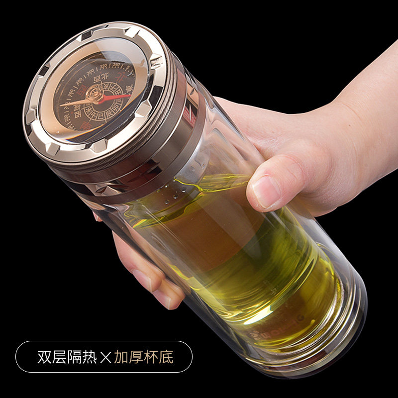 双层玻璃杯加厚办公过滤指南针盖泡茶杯340ML 定制印字水杯子