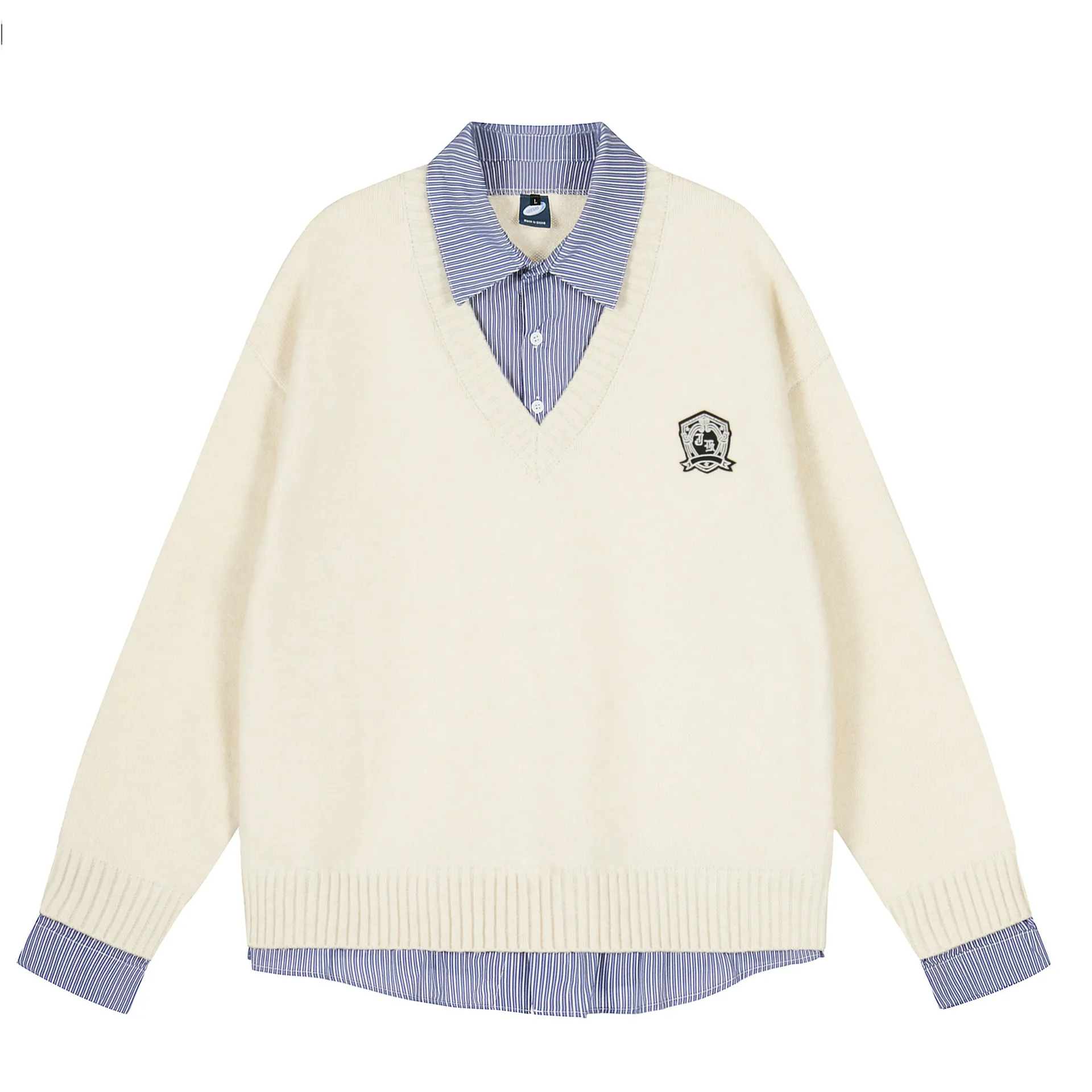 2025 秋冬爆款学院风假两件V领针织开衫男女毛衣条纹衬衫刺绣徽章