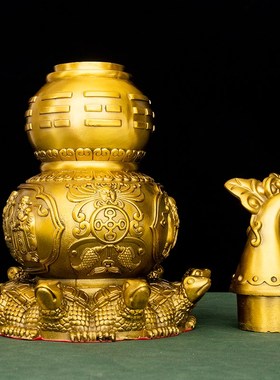 纯黄铜天医葫芦桌面摆件九龟八卦葫芦开口办公室客厅玄关酒柜装饰