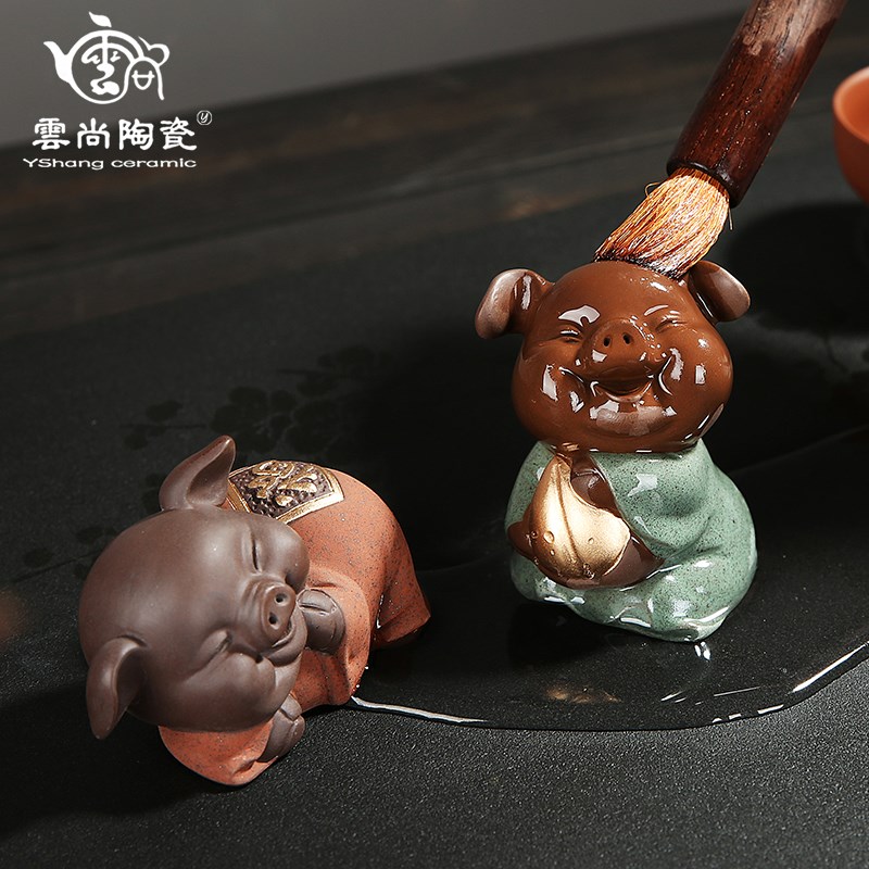 五福猪紫砂茶宠摆件 精品陶瓷可爱茶宠手工茶玩茶具摆件吉祥饰品