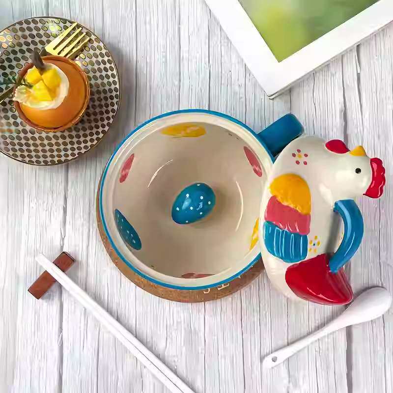 跨境出口陶瓷餐具公鸡形泡面碗带盖汤碗面碗饭碗沙拉碗家用餐厅用