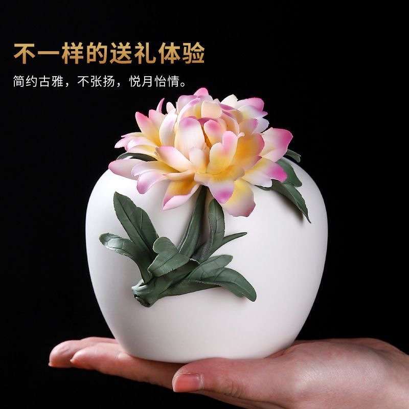 陶瓷手捏牡丹花瓶瓷花扩香器中式客厅办公室摆件茶室创意手工饰品
