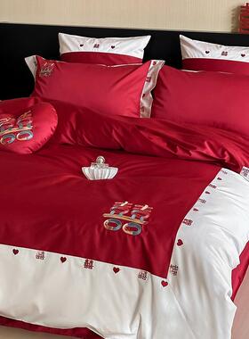 囍~100S长绒棉全棉四件套贡缎红色刺绣新中式结婚庆纯棉床单床笠
