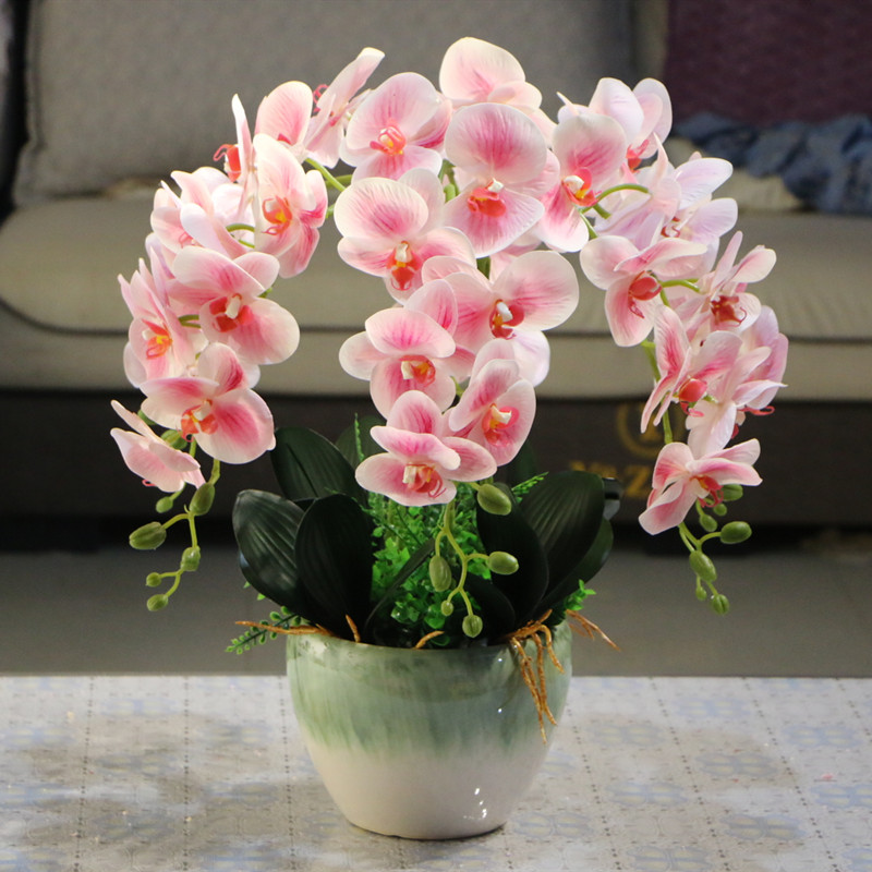 仿真花pu过胶手感蝴蝶兰花陶瓷花盆套装室内装饰花酒店吧台摆放