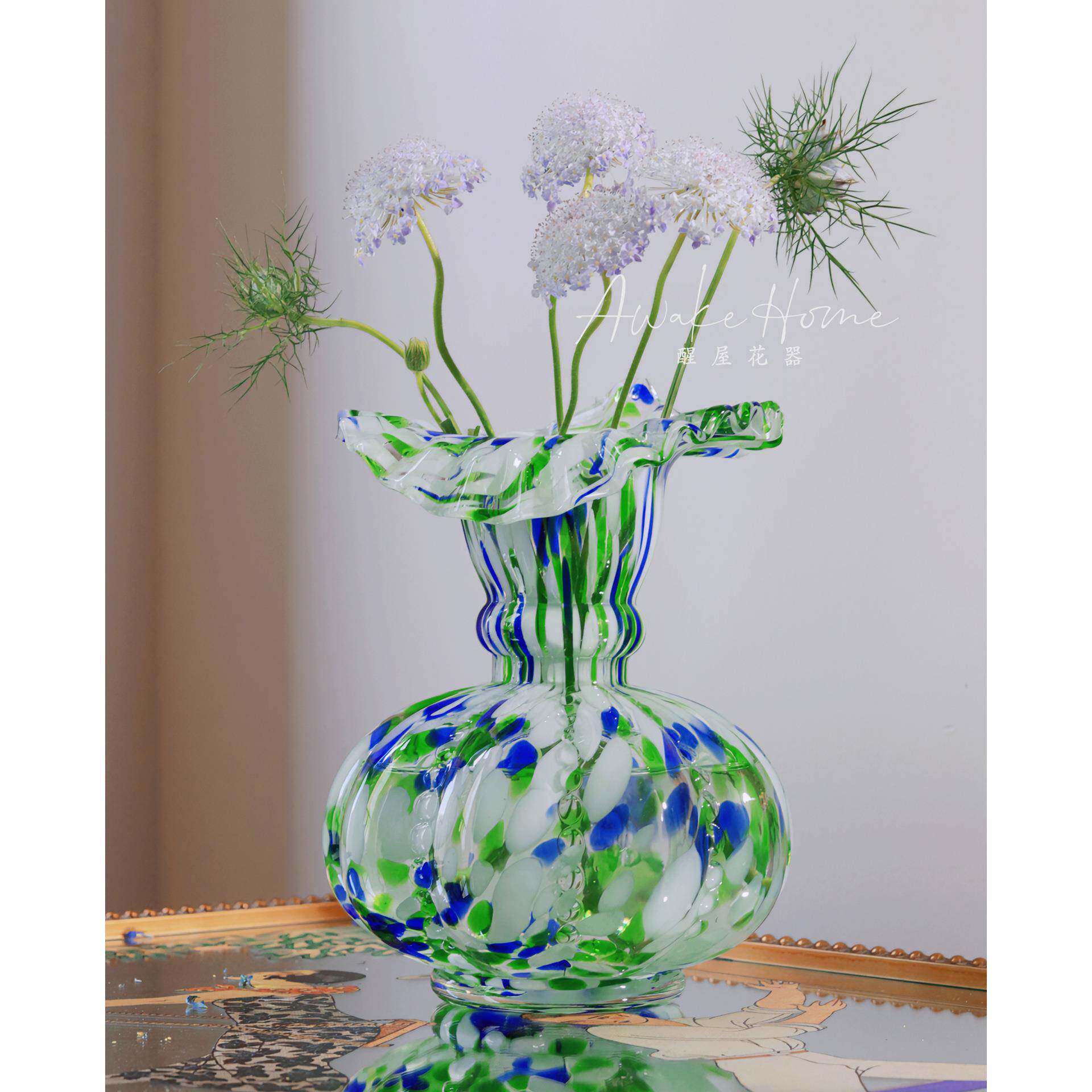 中古法式芬顿风可爱蓝绿点小清新马蹄莲花瓶桌面轻奢软装花器摆件