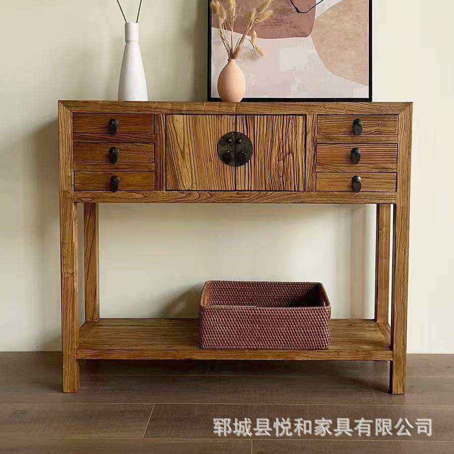 复古老榆木玄关柜新中式靠墙餐边柜玄关高脚家具禅意带抽屉式条案