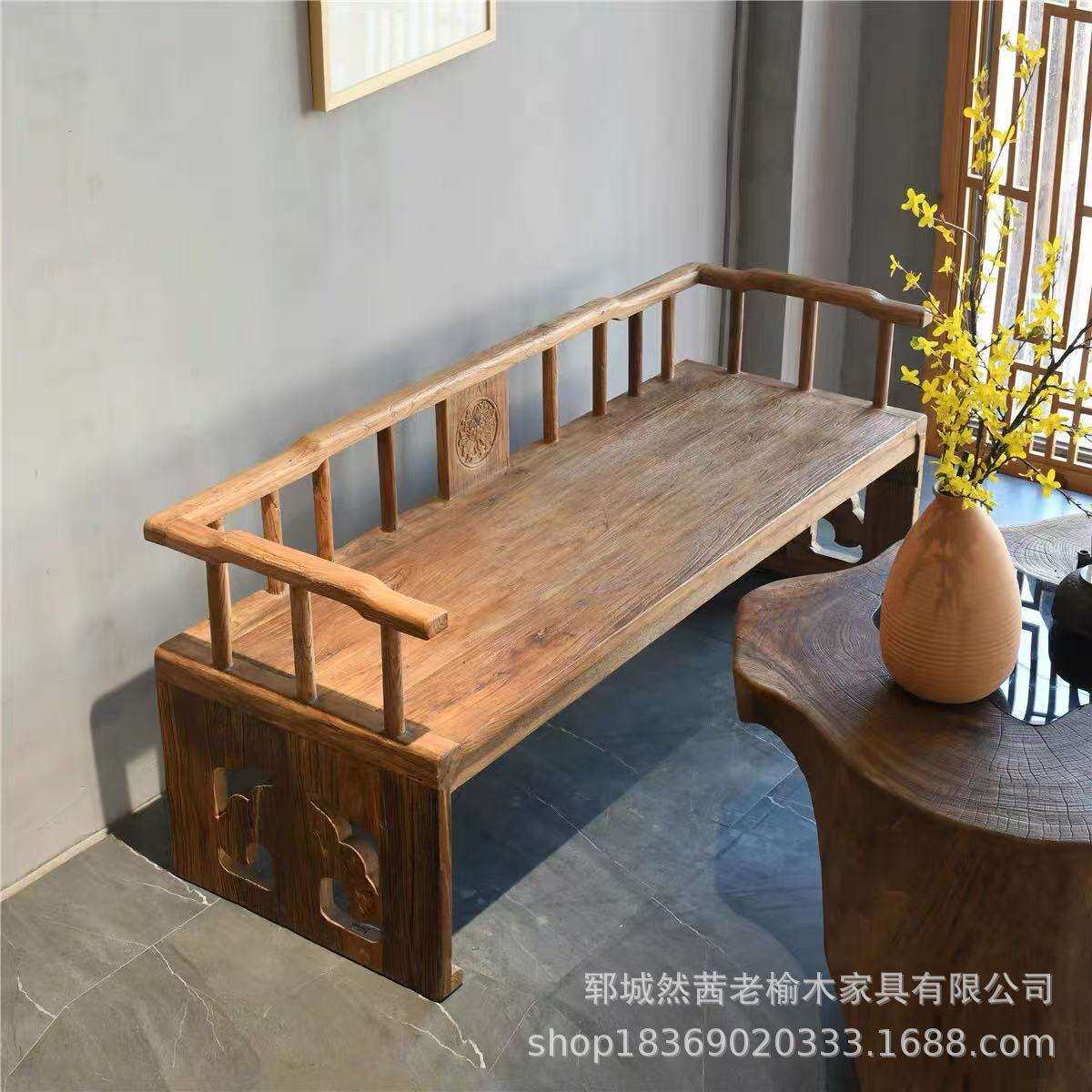 新中式老榆木罗汉床夏季休闲实木凉椅禅意老门板家居床榻沙发躺椅