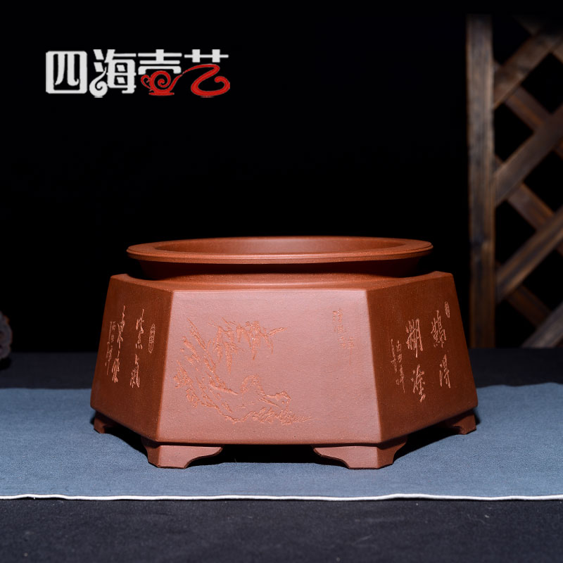 宜兴紫砂花盆精品手工地栽桌原球型绿植盆景盆面面矿清水泥僧帽盆