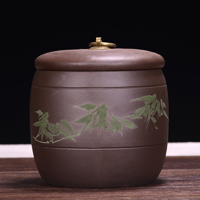 宜兴紫砂茶叶罐装普洱散茶缸大小号手工梅兰竹菊密封陶罐储存茶桶