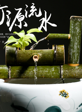 定制槽缸竹流水过滤田园风竹子流水器石鱼加缸池过滤摆件鱼湿器