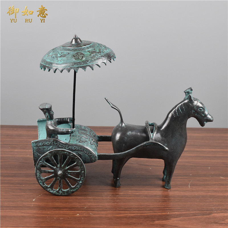 东周青铜器架古摆天单马拉车件子御用马车书柜摆件博古仿古代战车