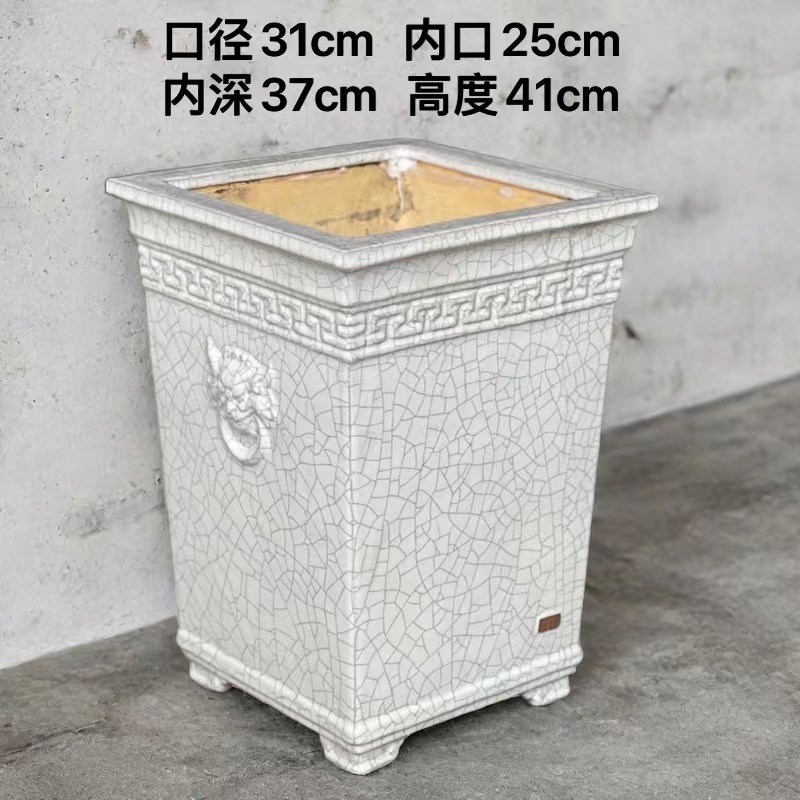 石湾盆高筒盆悬崖岭南盆景盆花盆手工制作大号白裂纹高四方
