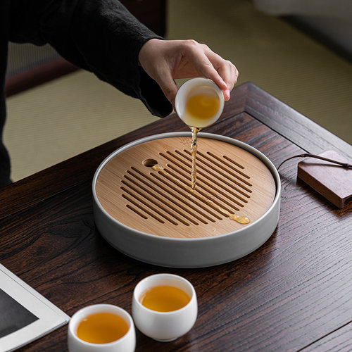 冰灰釉竹面圆形茶盘蓄水式素雅中式家用储水圆托盘陶瓷功夫茶具