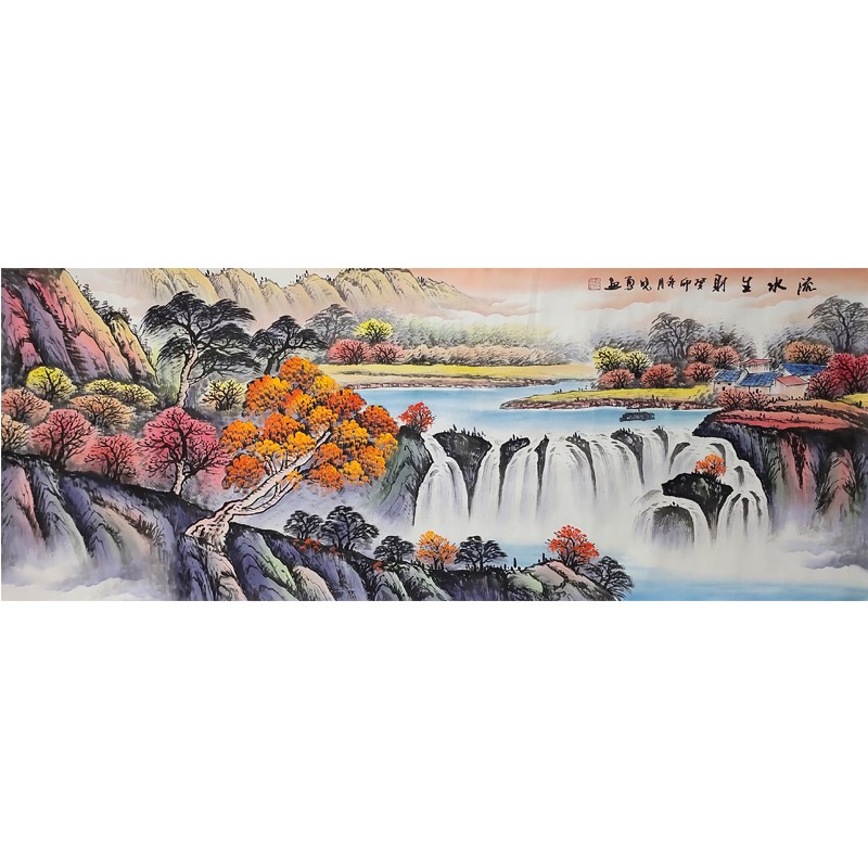 纯手绘山水长六办源远流小国画富山贵水客厅尺公室挂画