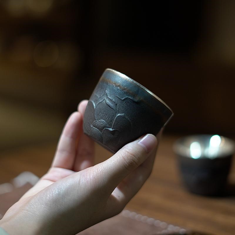 足银999粗陶包银杯复古鎏金功夫茶具品茗杯中式主人杯茶杯 蒲莲