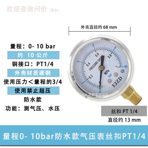促销气压表0-16bar可配气动快速插头接6/8/10/12mm气管耐压10bar