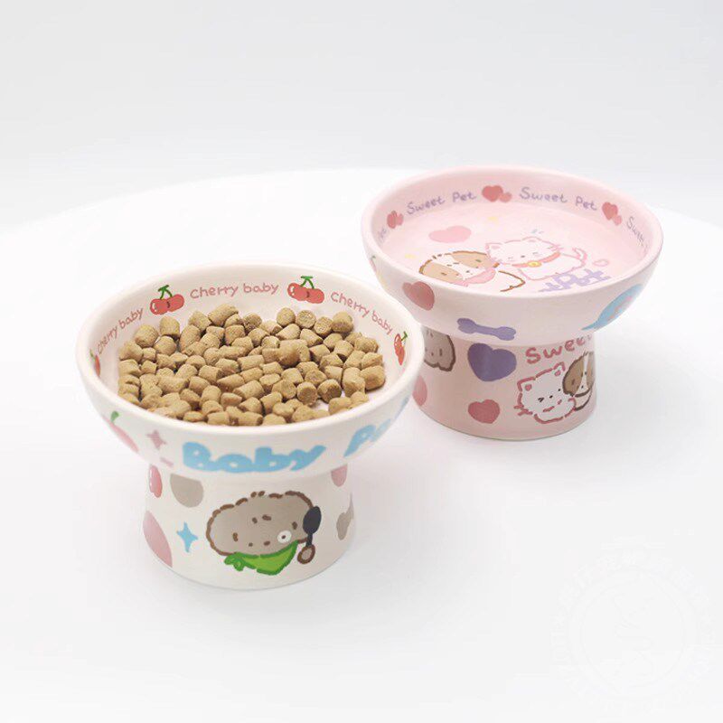 年糕童趣碗陶瓷猫碗平口碗猫咪狗狗高脚护颈椎吃饭用品饭盆饭碗