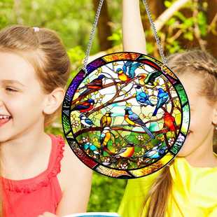 TYU123亚克力双面彩色雀鸟挂件橱窗门廊家居装饰窗户铁链挂牌