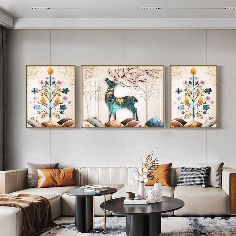 客厅装饰画镶景晶瓷画大画招财沙发背钻墙挂气玄关壁画现代三联画