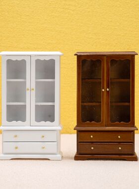 1:12三层二抽屉双门书柜子DIY娃屋dollhouse木质客厅家具摆件展示