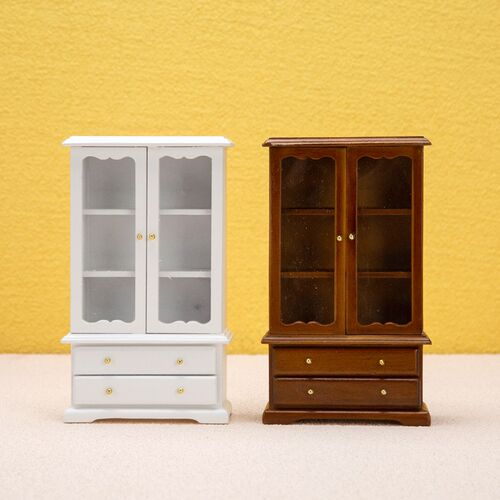1:12三层二抽屉双门书柜子DIY娃屋dollhouse木质客厅家具摆件展示