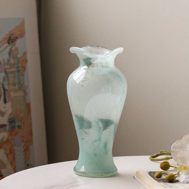 蓝色琉璃玻璃透明中古花瓶摆件客厅插花花器高级感电视柜软装饰品