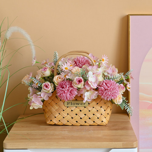 仿真花插花竹编小花篮手提假花婚庆花艺餐桌摆花客厅桌面装饰摆饰