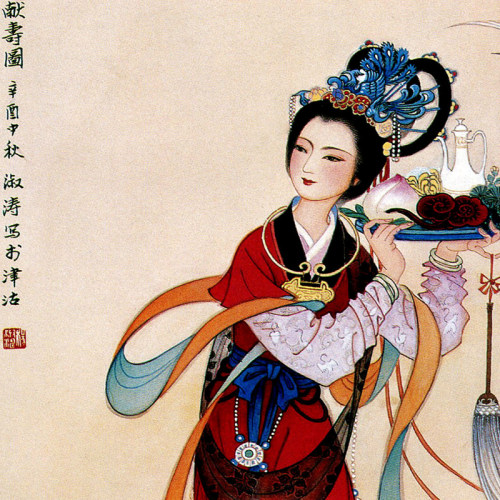 麻姑献寿图饰女仙女人物卷画轴祝寿贺寿礼品丝绸挂画客厅装仕画