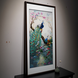 玄关的雀图纯手工精品刺绣走廊制发背景实木边框可定沙孔成品挂画