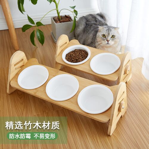 猫碗陶瓷保护颈椎斜猫碗狗碗双碗一体三连碗幼调可口节猫食盆