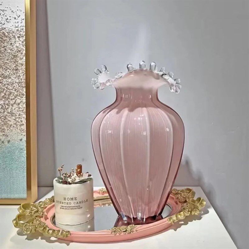 水滴浪花瓶口粉色立体条纹波浪玫纯手工琉璃花瓶插花器摆件微瑕