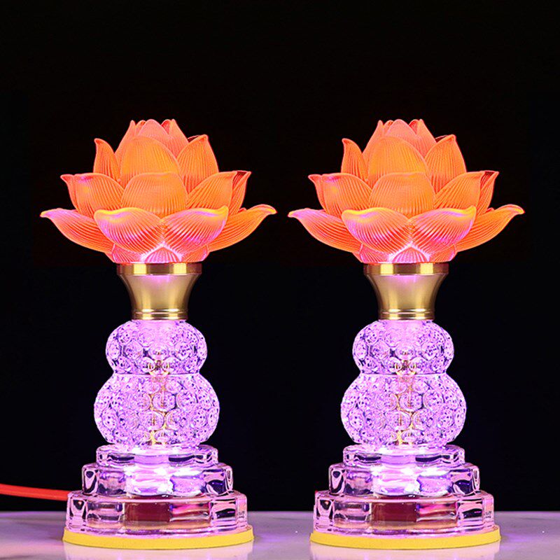 佛前水晶玻璃莲花灯佛堂插佛灯家用LED七彩长仿明琉璃观音灯供电