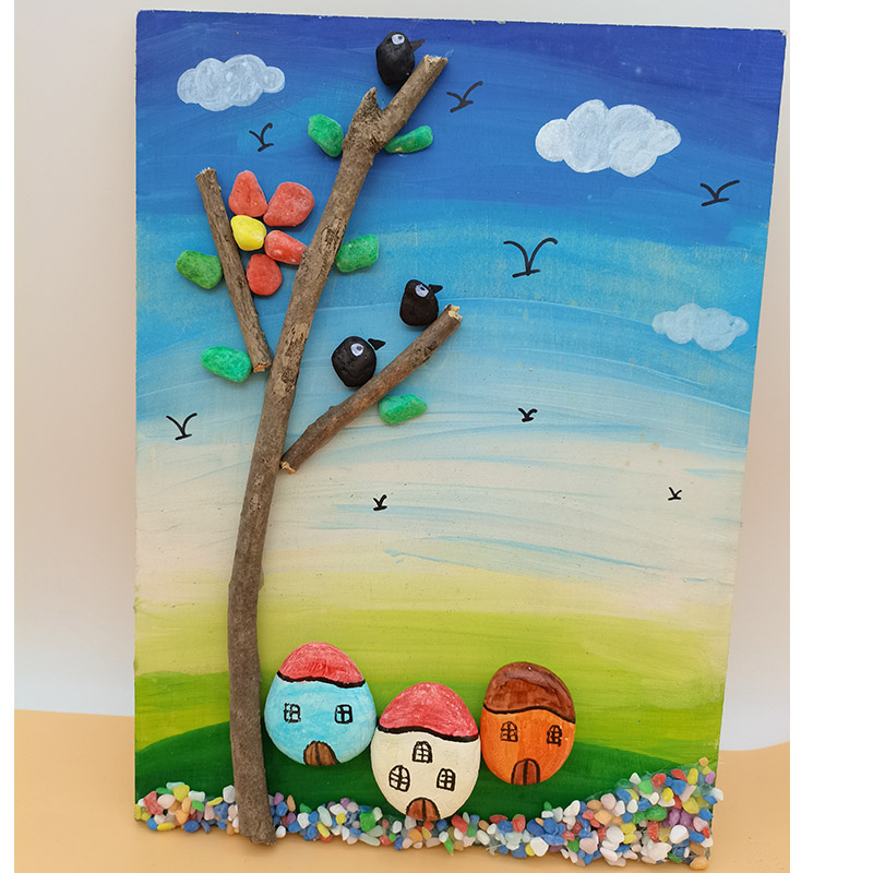 手工DIY石头画 黏贴画DIY材料包 树枝画 石头彩绘 鹅卵石贴画成品