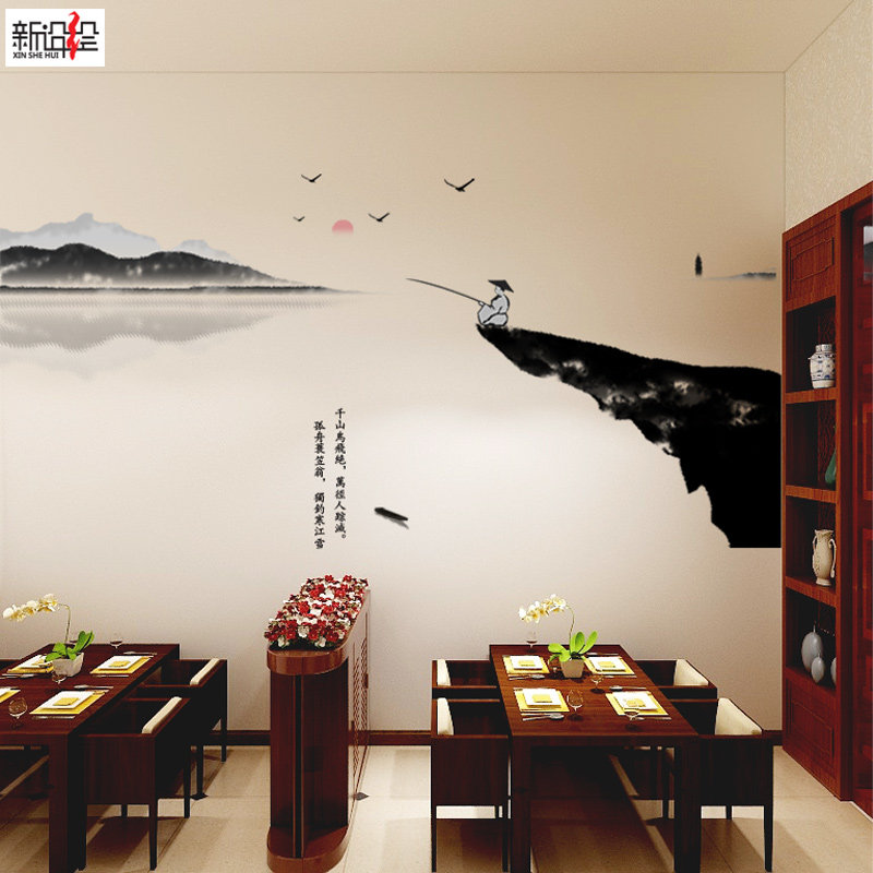 中国风中式古典水墨画意境墙贴纸徽派屋檐荷花山水出租房墙面改造