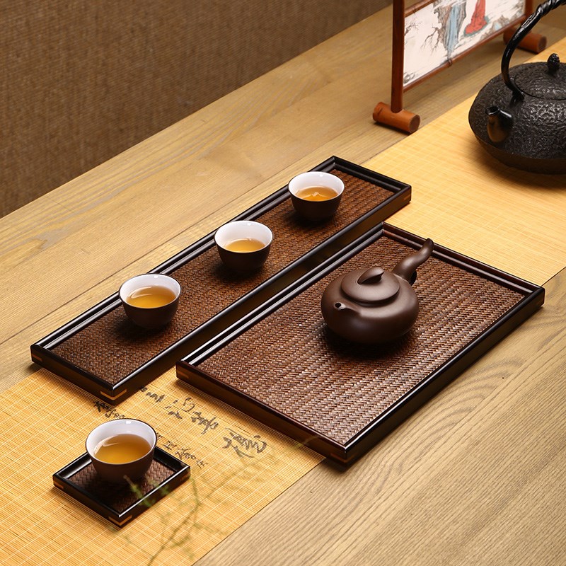 竹制茶盘托盘茶杯架茶壶架竹席面托盘干炮台藤面小茶台功夫茶具