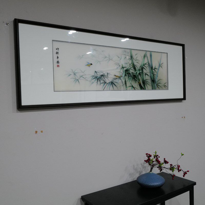 绣版竹报平安竹子画纯刺工苏绣手横带框沙发背景电视墙客厅装饰画