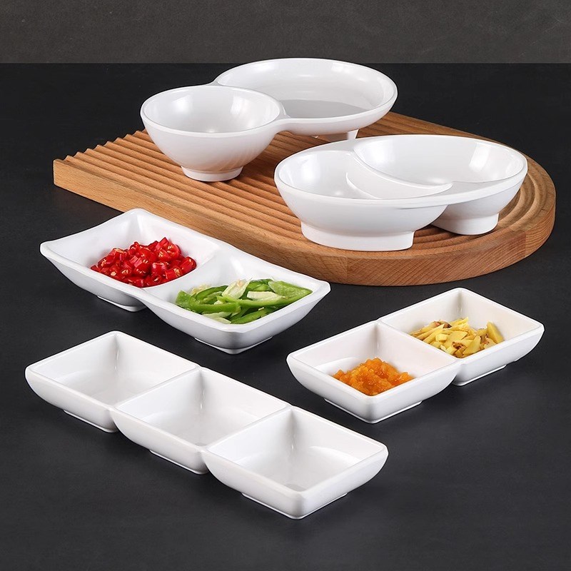 密胺味碟仿瓷塑料调味蘸料酱料碟商用小菜小吃双格连体两格三格碟