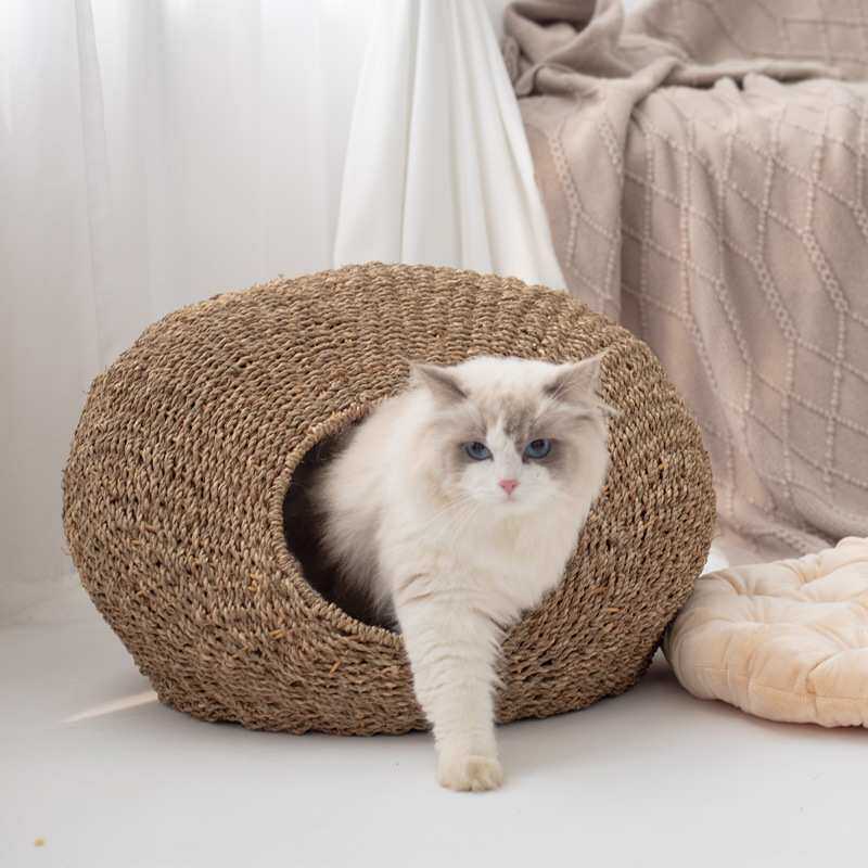 藤编猫窝夏季半封闭式猫吊床夏天凉窝垫子手工草编编织宠物猫咪窝