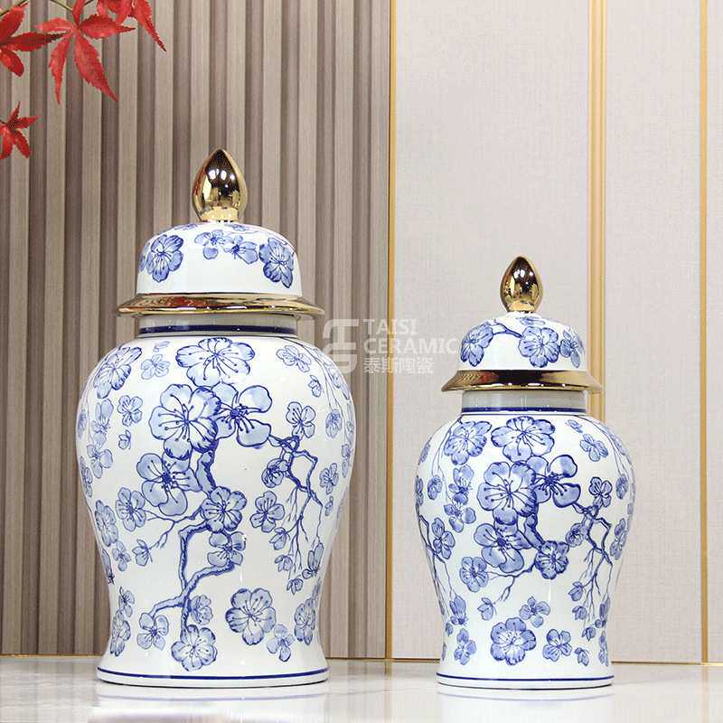 新中式青花瓷电镀金边将军罐陶瓷花瓶摆件工艺品瓷器花插软装饰品